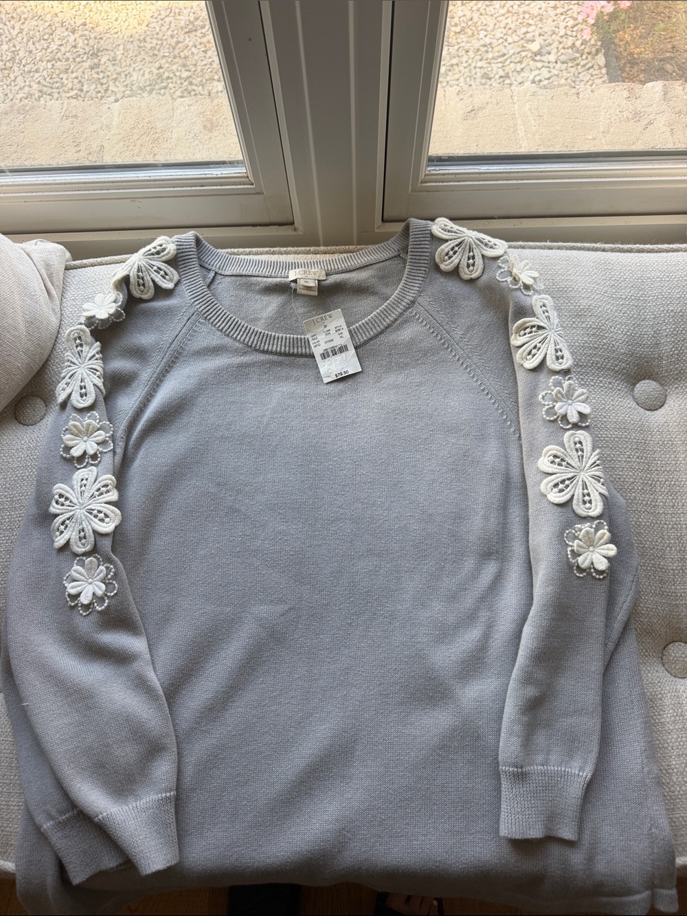 J. Crew Light Gray Crewneck Sweater with White Floral Appliqué Sleeves